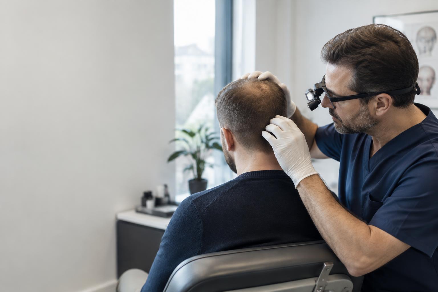 Specialist examining a patient's hairline in a clinic