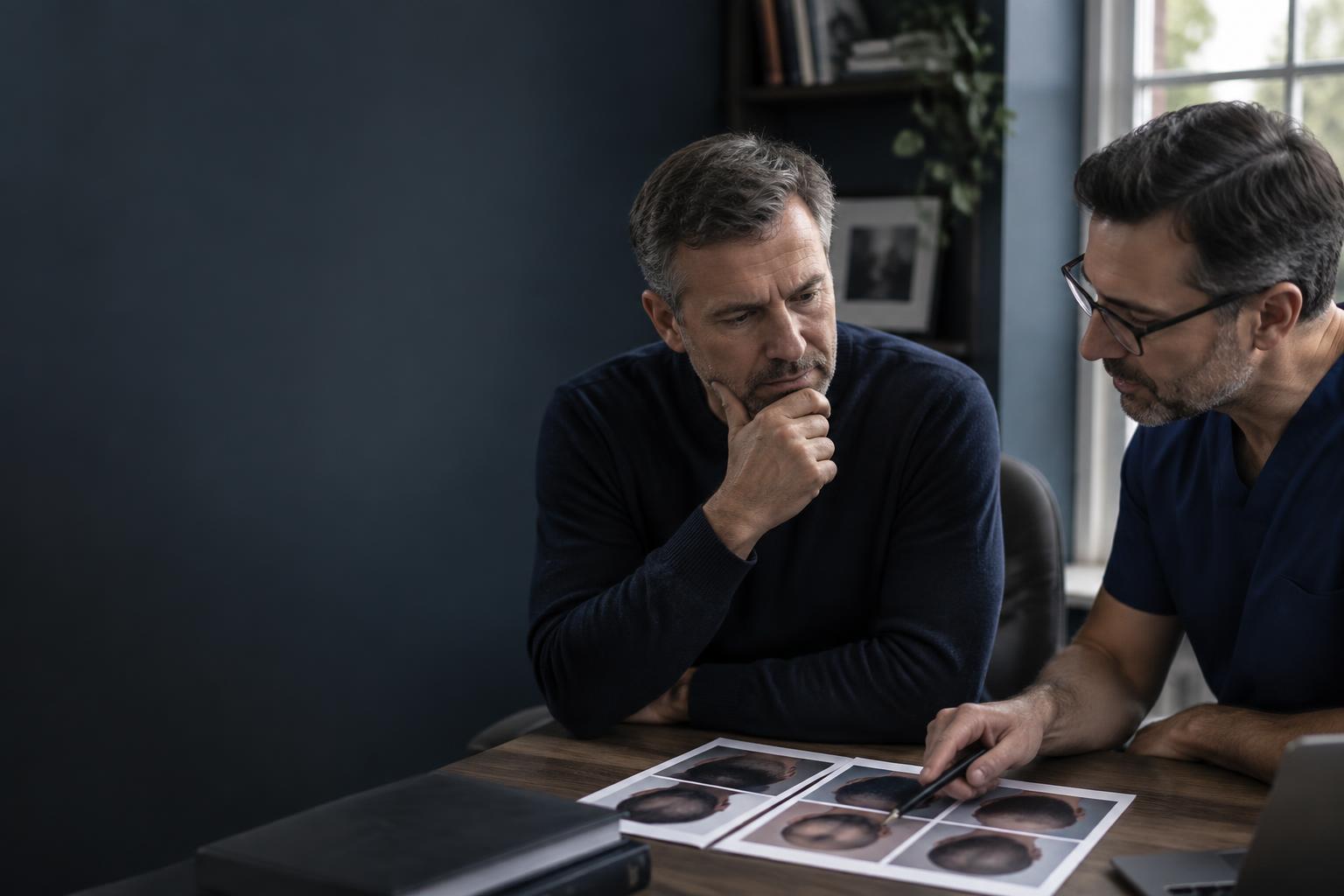 Patient discussing long-term hair transplant results with a clinician