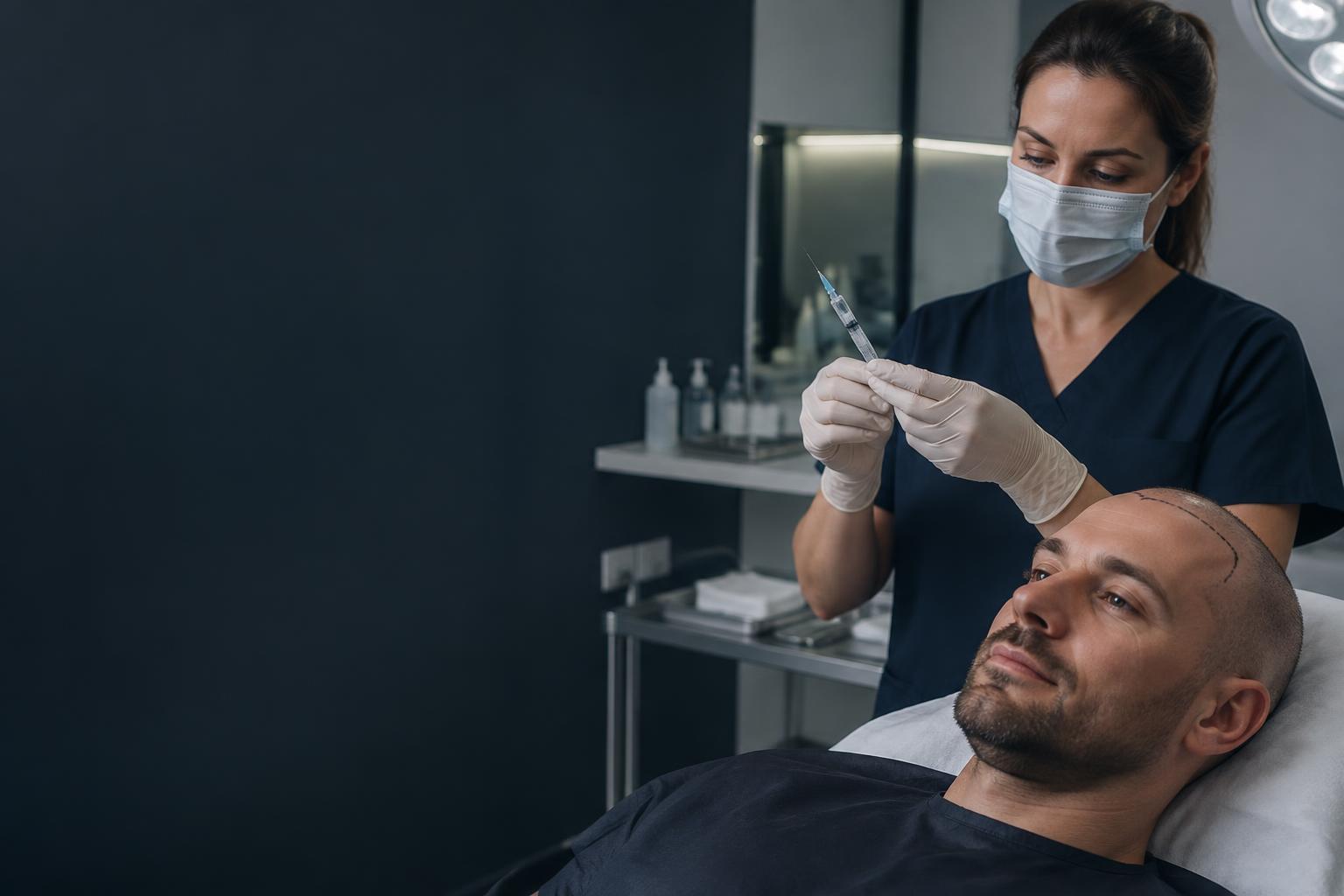 Clinician preparing local anaesthetic before a hair transplant
