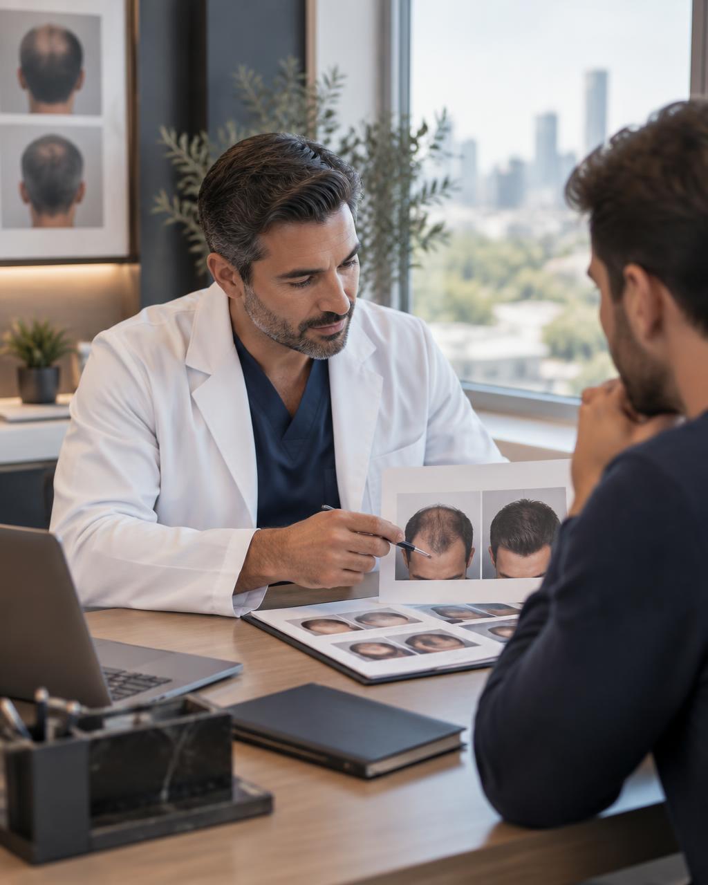 A clinician reviewing before-and-after results with a patient