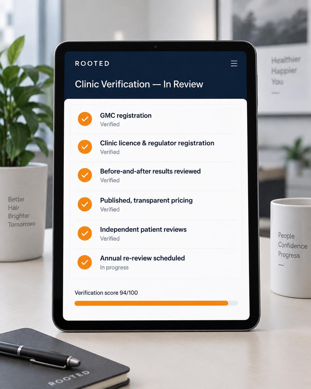 Tablet showing Rooted's clinic verification checklist with verified standards